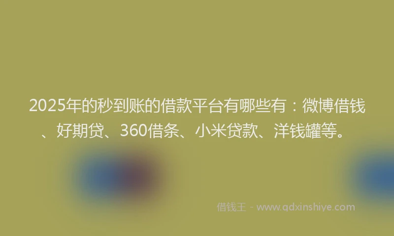 2025年的秒到账的借款平台有哪些有：微博借钱、好期贷、360借条、小米贷款、洋钱罐等。