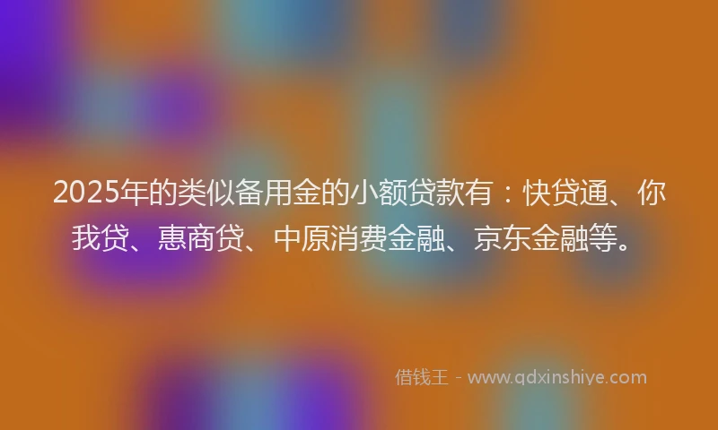 2025年的类似备用金的小额贷款有：快贷通、你我贷、惠商贷、中原消费金融、京东金融等。
