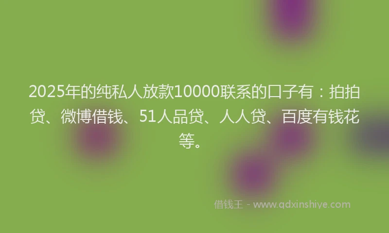 2025年的纯私人放款10000联系的口子有：拍拍贷、微博借钱、51人品贷、人人贷、百度有钱花等。