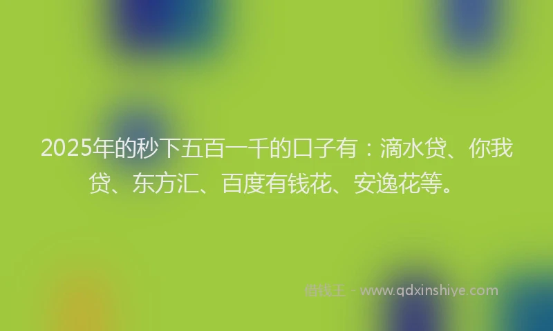 2025年的秒下五百一千的口子有：滴水贷、你我贷、东方汇、百度有钱花、安逸花等。