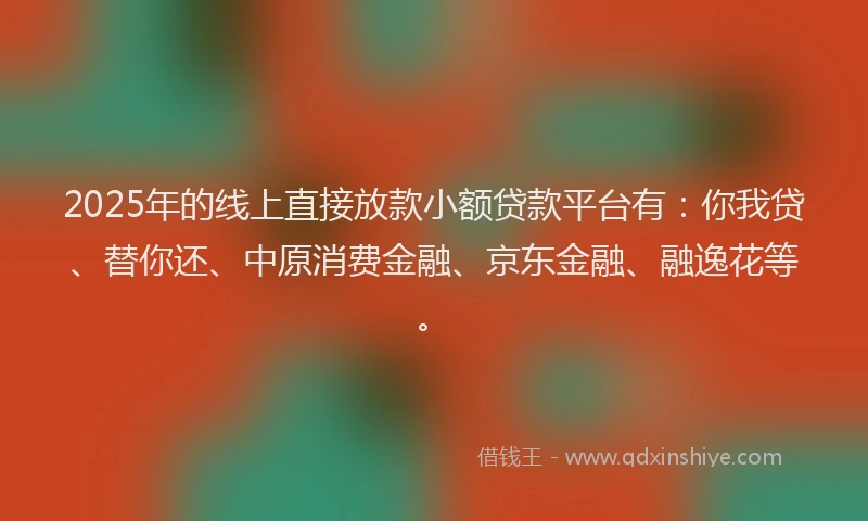 2025年的线上直接放款小额贷款平台有：你我贷、替你还、中原消费金融、京东金融、融逸花等。
