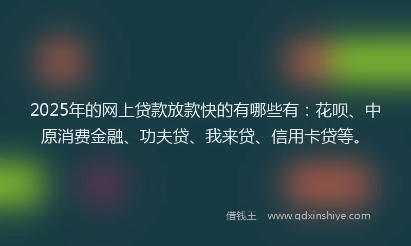 2025年的网上贷款放款快的有哪些有：花呗、中原消费金融、功夫贷、我来贷、信用卡贷等。