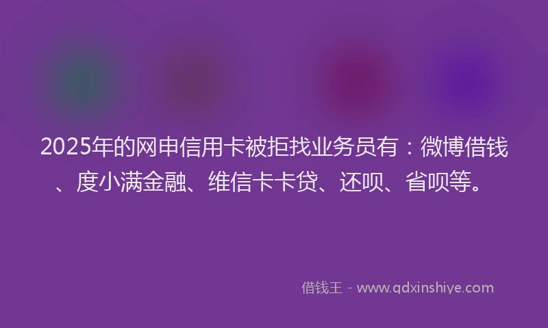 2025年的网申信用卡被拒找业务员有：微博借钱、度小满金融、维信卡卡贷、还呗、省呗等。