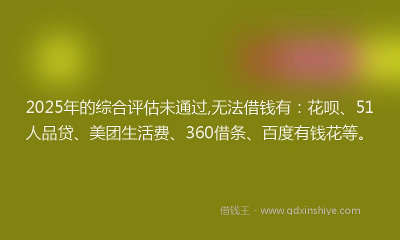 2025年的综合评估未通过,无法借钱有：花呗、51人品贷、美团生活费、360借条、百度有钱花等。