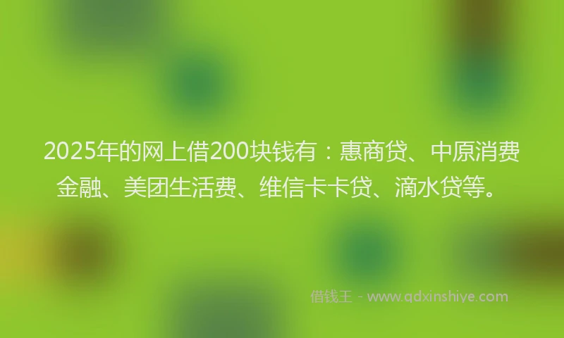 2025年的网上借200块钱有：惠商贷、中原消费金融、美团生活费、维信卡卡贷、滴水贷等。