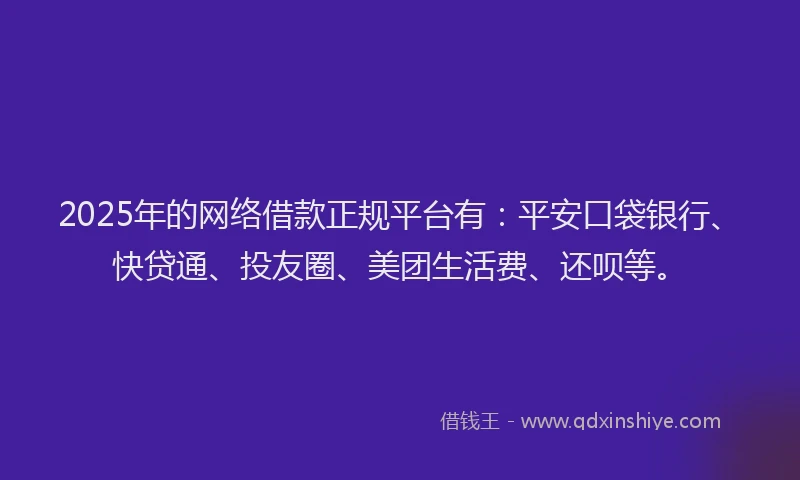 2025年的网络借款正规平台有：平安口袋银行、快贷通、投友圈、美团生活费、还呗等。