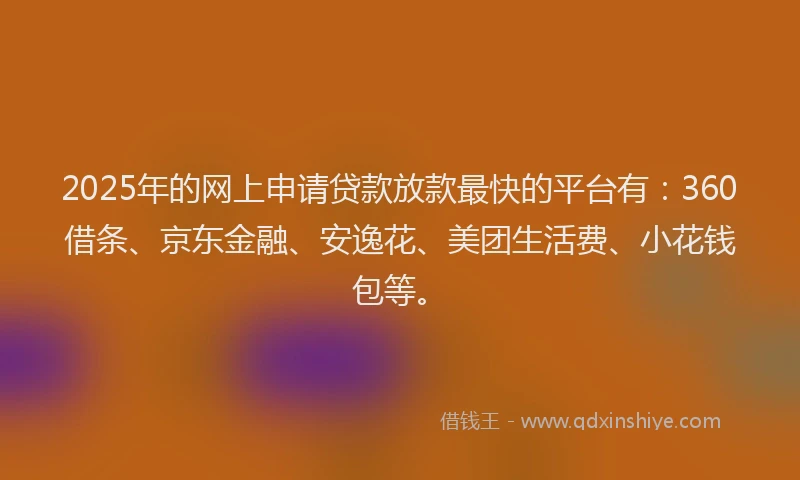 2025年的网上申请贷款放款最快的平台有：360借条、京东金融、安逸花、美团生活费、小花钱包等。