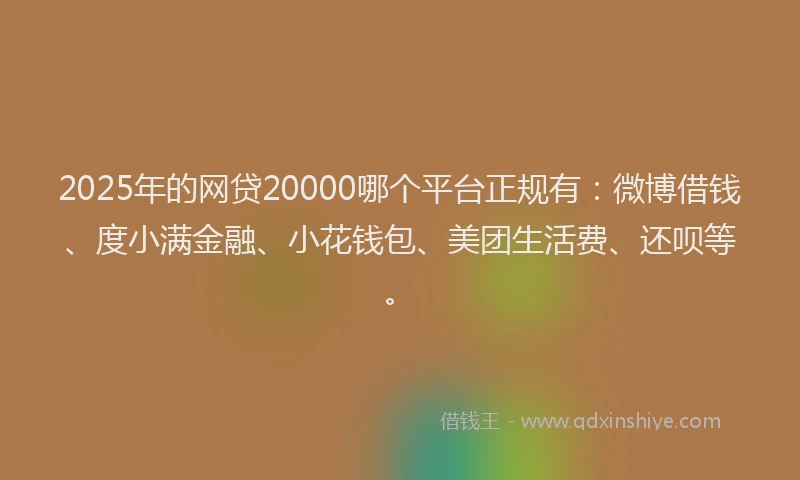 2025年的网贷20000哪个平台正规有：微博借钱、度小满金融、小花钱包、美团生活费、还呗等。