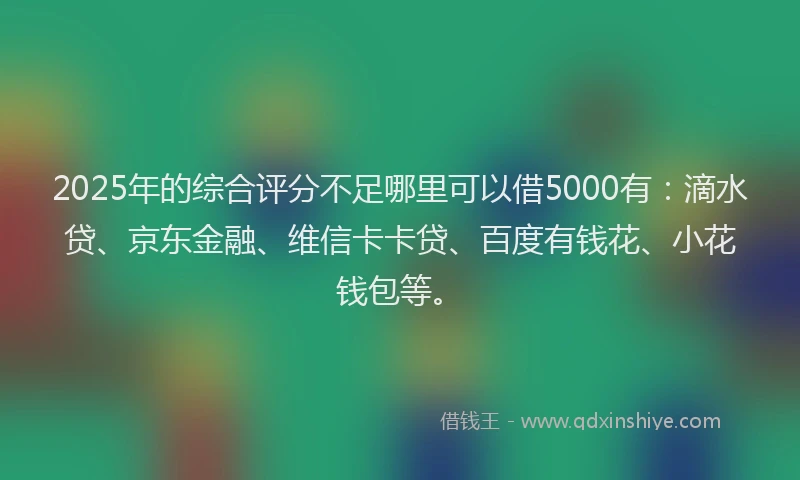 2025年的综合评分不足哪里可以借5000有：滴水贷、京东金融、维信卡卡贷、百度有钱花、小花钱包等。