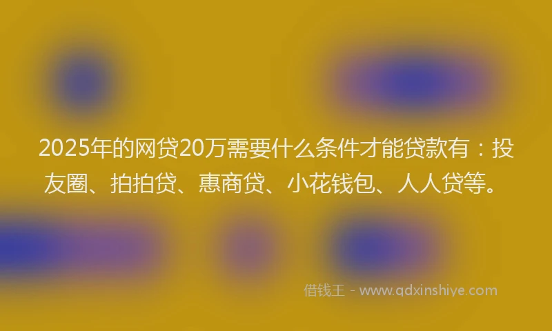 2025年的网贷20万需要什么条件才能贷款有：投友圈、拍拍贷、惠商贷、小花钱包、人人贷等。