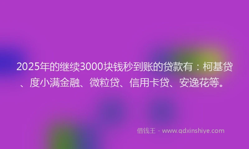 2025年的继续3000块钱秒到账的贷款有：柯基贷、度小满金融、微粒贷、信用卡贷、安逸花等。