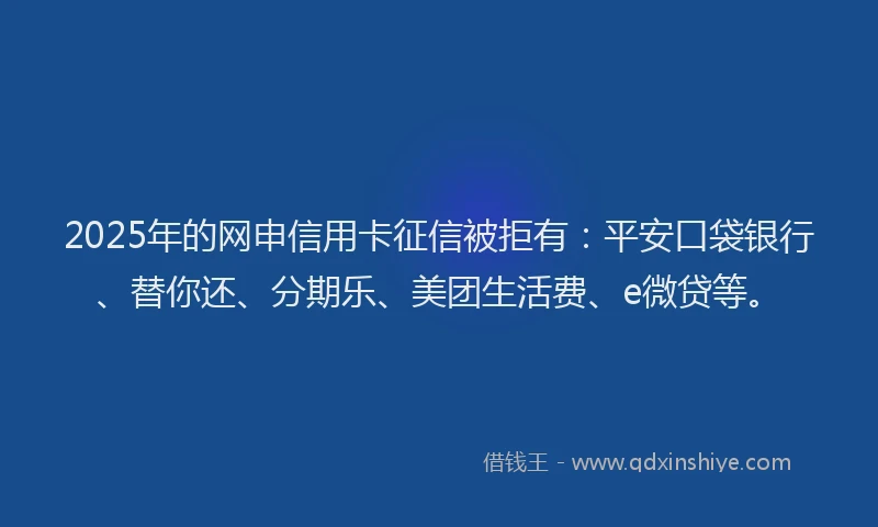 2025年的网申信用卡征信被拒有：平安口袋银行、替你还、分期乐、美团生活费、e微贷等。