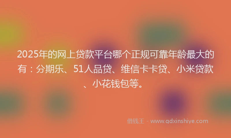2025年的网上贷款平台哪个正规可靠年龄最大的有：分期乐、51人品贷、维信卡卡贷、小米贷款、小花钱包等。