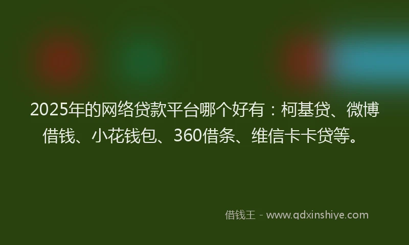 2025年的网络贷款平台哪个好有：柯基贷、微博借钱、小花钱包、360借条、维信卡卡贷等。