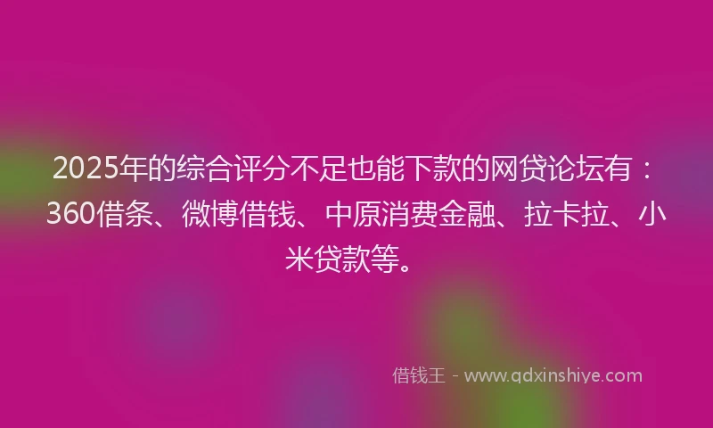2025年的综合评分不足也能下款的网贷论坛有：360借条、微博借钱、中原消费金融、拉卡拉、小米贷款等。