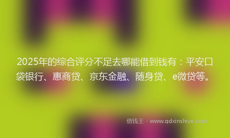 2025年的综合评分不足去哪能借到钱有：平安口袋银行、惠商贷、京东金融、随身贷、e微贷等。