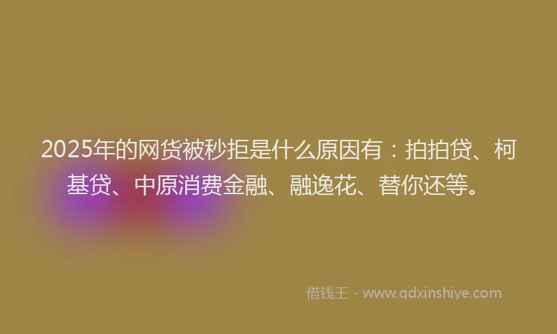 2025年的网货被秒拒是什么原因有：拍拍贷、柯基贷、中原消费金融、融逸花、替你还等。