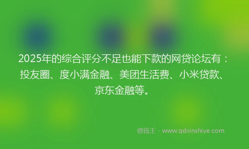 2025年的综合评分不足也能下款的网贷论坛有：投友圈、度小满金融、美团生活费、小米贷款、京东金融等。