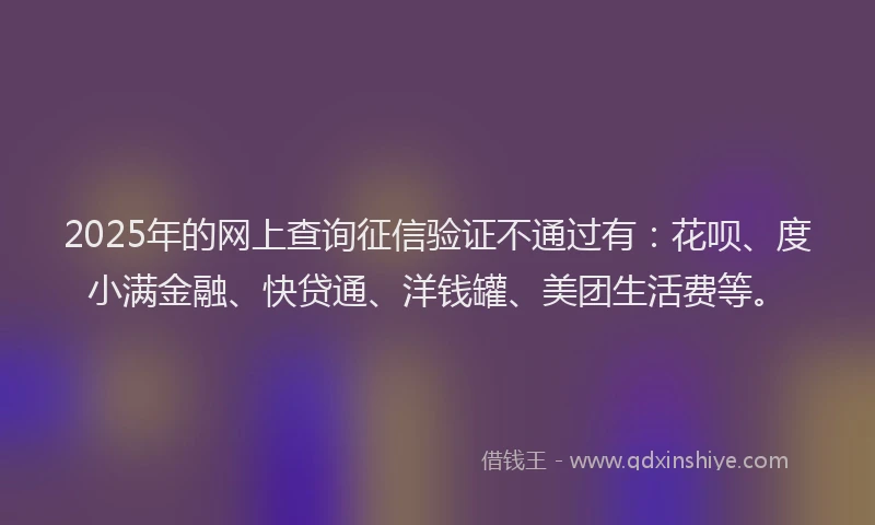 2025年的网上查询征信验证不通过有：花呗、度小满金融、快贷通、洋钱罐、美团生活费等。