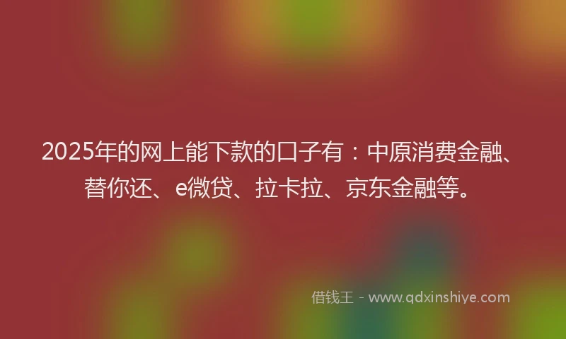 2025年的网上能下款的口子有：中原消费金融、替你还、e微贷、拉卡拉、京东金融等。