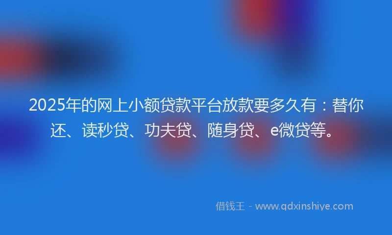 2025年的网上小额贷款平台放款要多久有：替你还、读秒贷、功夫贷、随身贷、e微贷等。
