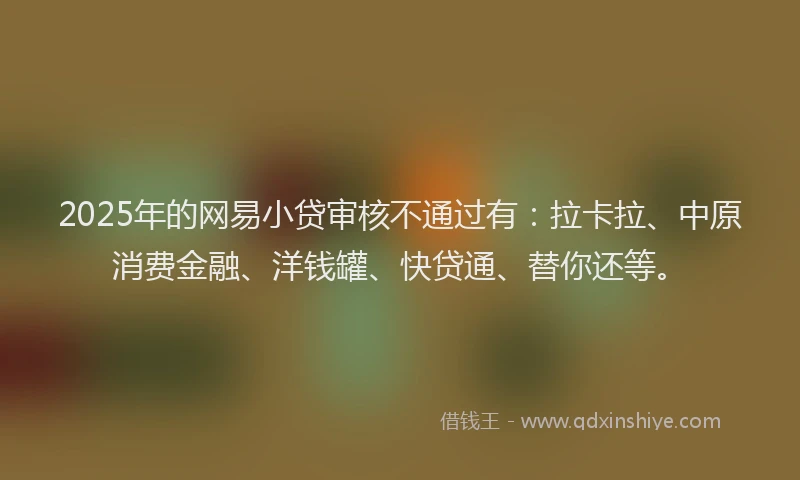 2025年的网易小贷审核不通过有：拉卡拉、中原消费金融、洋钱罐、快贷通、替你还等。
