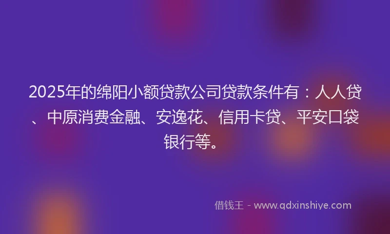 2025年的绵阳小额贷款公司贷款条件有：人人贷、中原消费金融、安逸花、信用卡贷、平安口袋银行等。