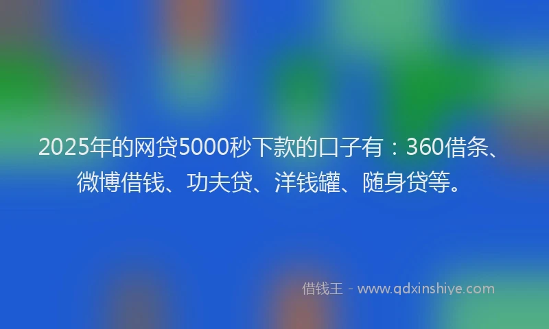 2025年的网贷5000秒下款的口子有：360借条、微博借钱、功夫贷、洋钱罐、随身贷等。