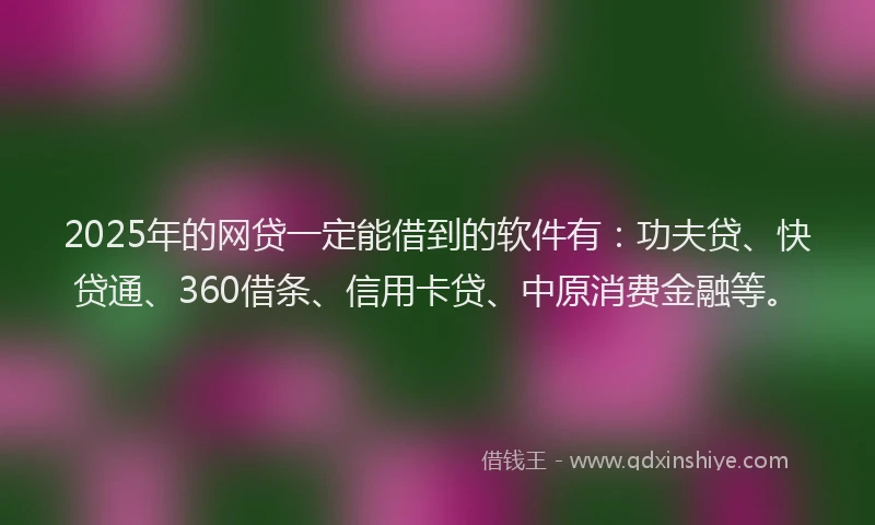 2025年的网贷一定能借到的软件有：功夫贷、快贷通、360借条、信用卡贷、中原消费金融等。