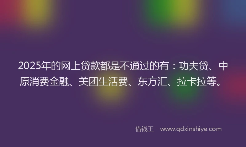 2025年的网上贷款都是不通过的有：功夫贷、中原消费金融、美团生活费、东方汇、拉卡拉等。