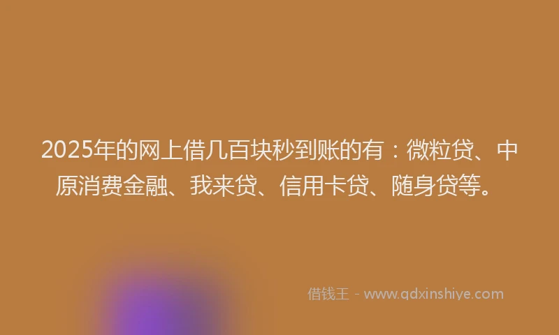 2025年的网上借几百块秒到账的有：微粒贷、中原消费金融、我来贷、信用卡贷、随身贷等。