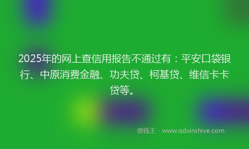 2025年的网上查信用报告不通过有：平安口袋银行、中原消费金融、功夫贷、柯基贷、维信卡卡贷等。
