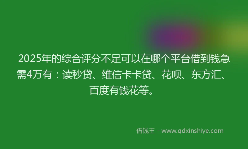 2025年的综合评分不足可以在哪个平台借到钱急需4万有：读秒贷、维信卡卡贷、花呗、东方汇、百度有钱花等。