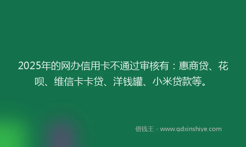 2025年的网办信用卡不通过审核有：惠商贷、花呗、维信卡卡贷、洋钱罐、小米贷款等。