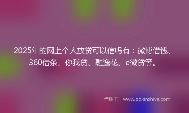 2025年的网上个人放贷可以信吗有：微博借钱、360借条、你我贷、融逸花、e微贷等。