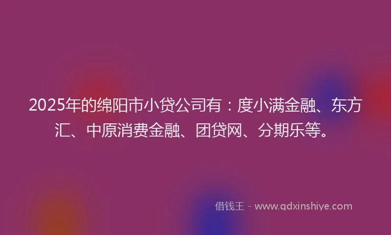 2025年的绵阳市小贷公司有：度小满金融、东方汇、中原消费金融、团贷网、分期乐等。