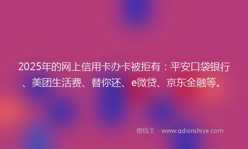 2025年的网上信用卡办卡被拒有：平安口袋银行、美团生活费、替你还、e微贷、京东金融等。