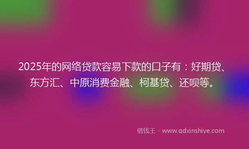 2025年的网络贷款容易下款的口子有：好期贷、东方汇、中原消费金融、柯基贷、还呗等。