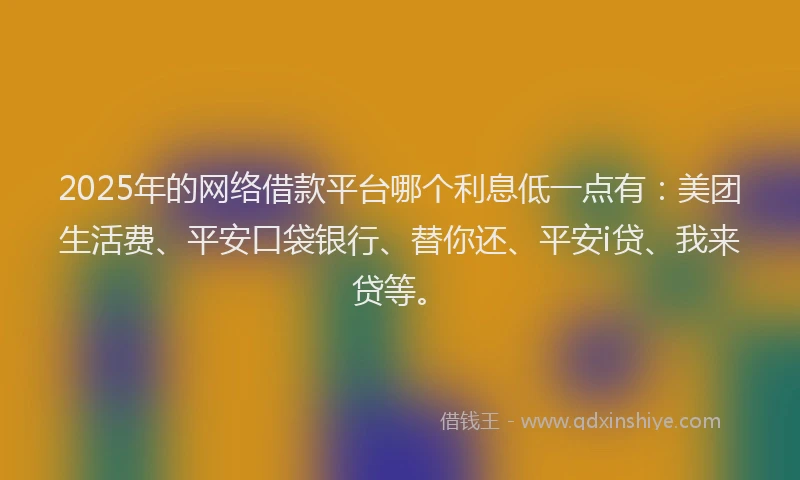 2025年的网络借款平台哪个利息低一点有：美团生活费、平安口袋银行、替你还、平安i贷、我来贷等。