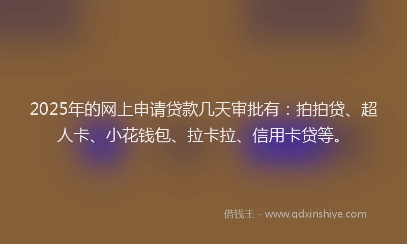 2025年的网上申请贷款几天审批有：拍拍贷、超人卡、小花钱包、拉卡拉、信用卡贷等。