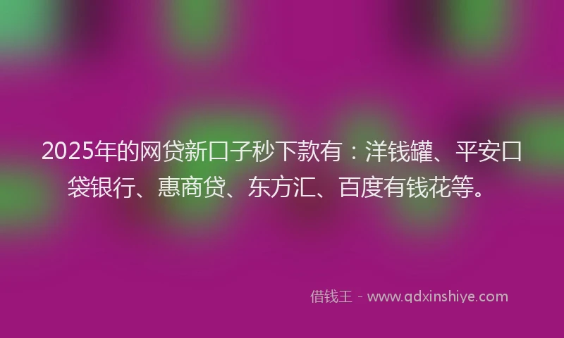 2025年的网贷新口子秒下款有：洋钱罐、平安口袋银行、惠商贷、东方汇、百度有钱花等。
