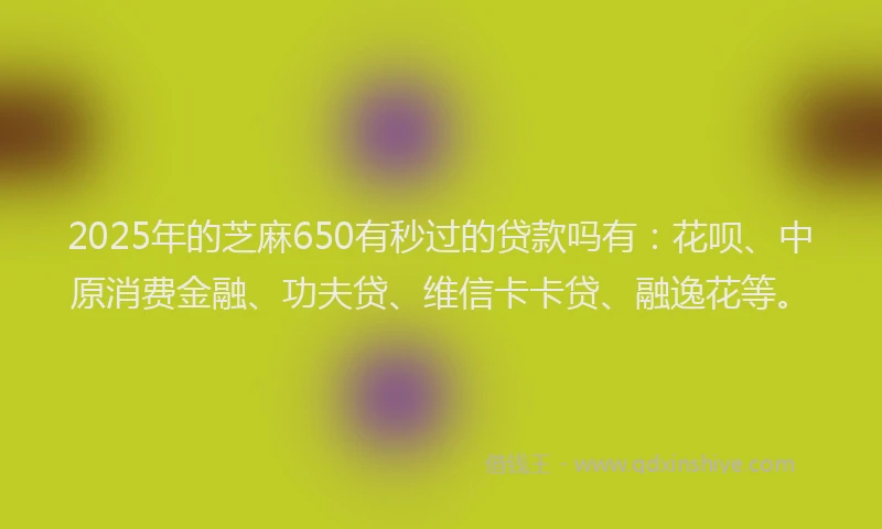 2025年的芝麻650有秒过的贷款吗有：花呗、中原消费金融、功夫贷、维信卡卡贷、融逸花等。