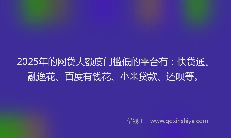 2025年的网贷大额度门槛低的平台有：快贷通、融逸花、百度有钱花、小米贷款、还呗等。