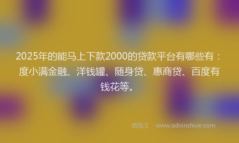 2025年的能马上下款2000的贷款平台有哪些有：度小满金融、洋钱罐、随身贷、惠商贷、百度有钱花等。