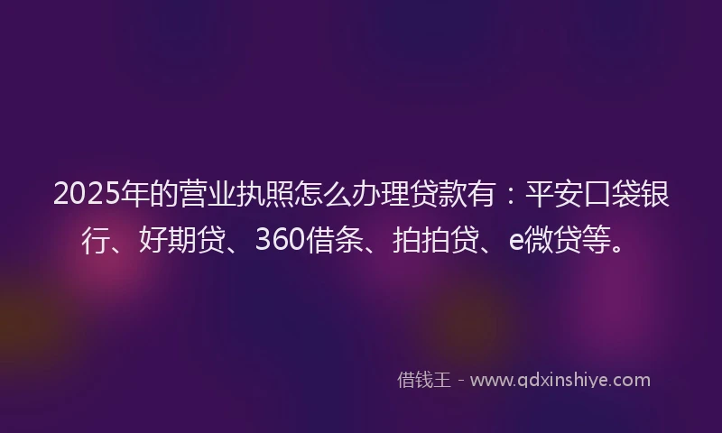 2025年的营业执照怎么办理贷款有：平安口袋银行、好期贷、360借条、拍拍贷、e微贷等。