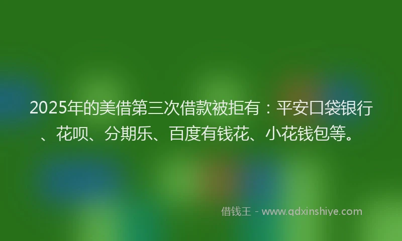 2025年的美借第三次借款被拒有：平安口袋银行、花呗、分期乐、百度有钱花、小花钱包等。