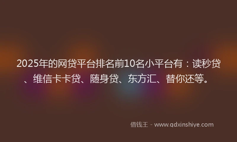 2025年的网贷平台排名前10名小平台有：读秒贷、维信卡卡贷、随身贷、东方汇、替你还等。
