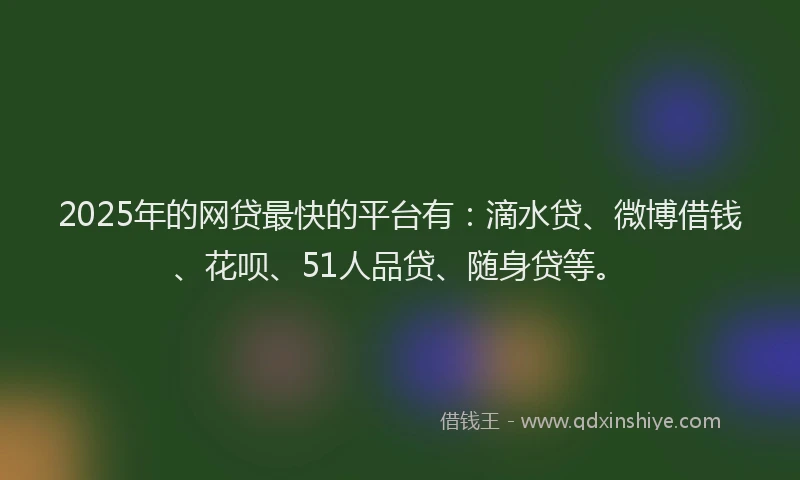 2025年的网贷最快的平台有：滴水贷、微博借钱、花呗、51人品贷、随身贷等。