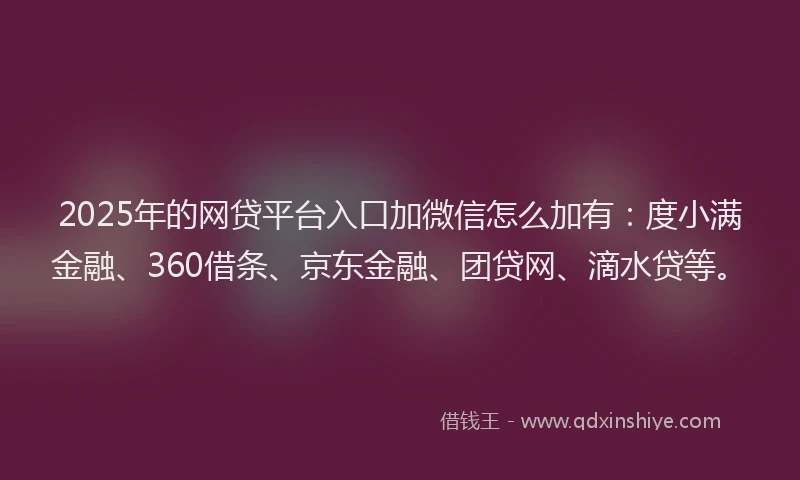 2025年的网贷平台入口加微信怎么加有：度小满金融、360借条、京东金融、团贷网、滴水贷等。