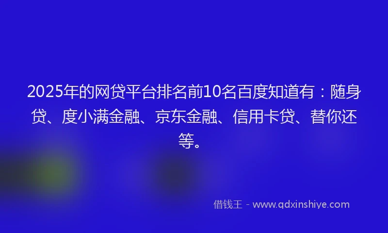 2025年的网贷平台排名前10名百度知道有：随身贷、度小满金融、京东金融、信用卡贷、替你还等。